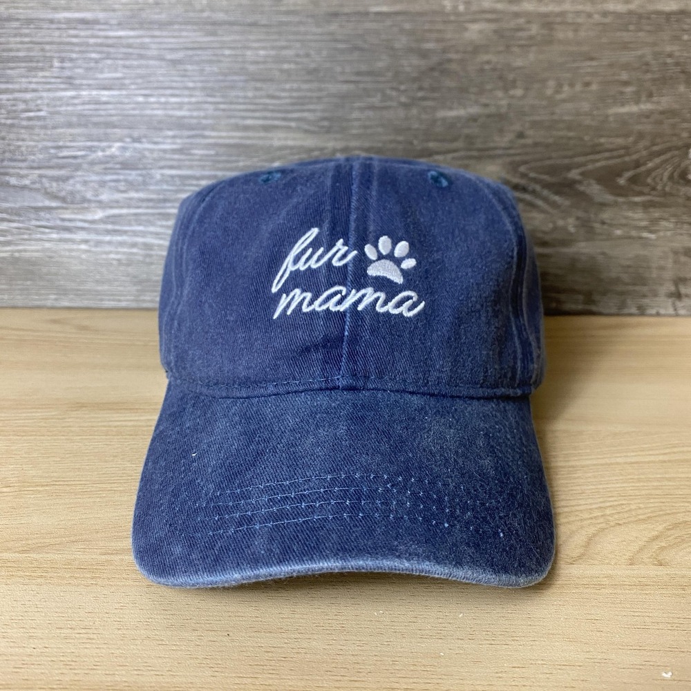 Fur Mama Hat Cap Strap Back Navy Blue Embroidered Paw Print Womens One Size